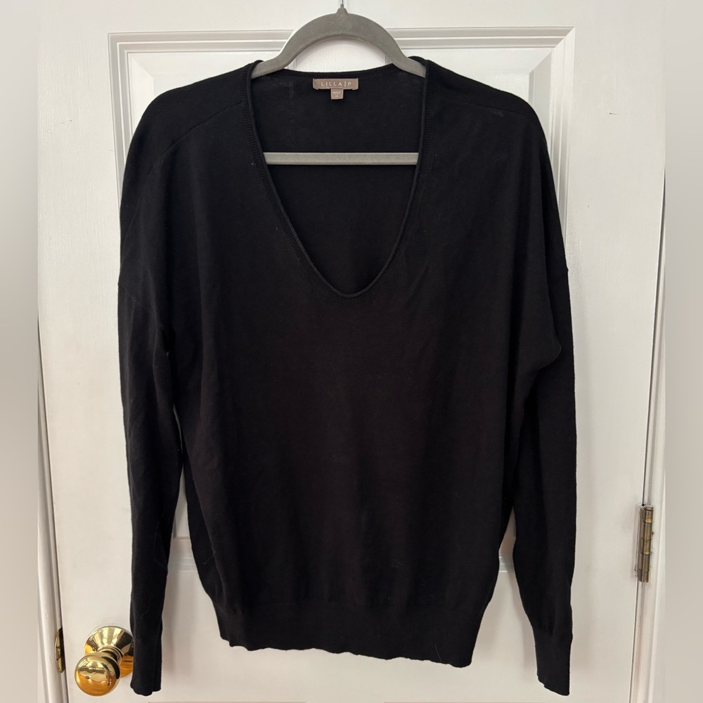 Lilla P Black V-Neck Sweater Lightweight Knit